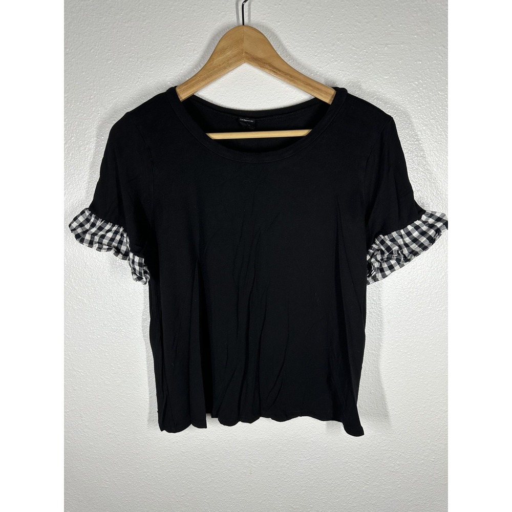 THIS&MORE Shirt Juniors Medium Black Gingham Ruffle Flutter Sleeve Tee Top